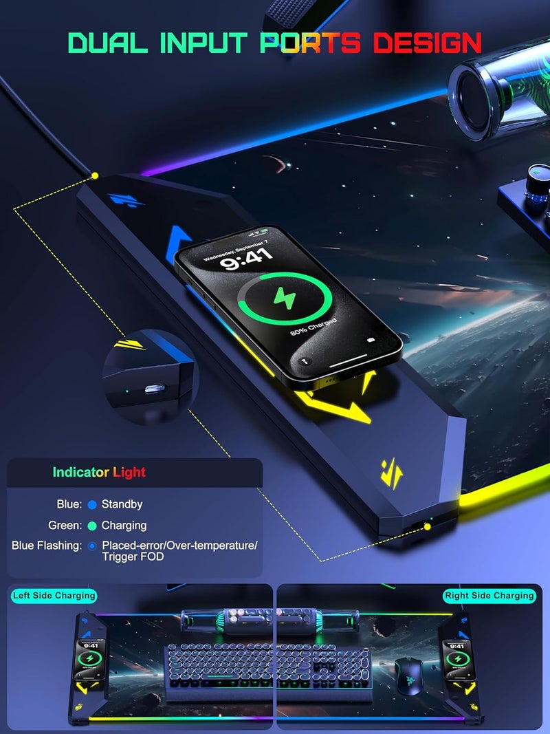 TopMade Wireless Charging Mouse Pad, RGB Gaming Mousepad, 35.4" x 15.8" Extra Large Waterproof Keyboard Desk Pad, Computer Desk Mat, Cosmic Planet (Includes 20W PD Power Adapter & 6.56ft Woven Cable) - Image 3